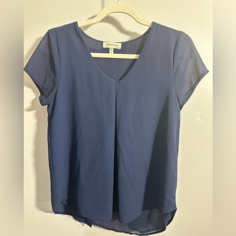 Monteau Women's S Cap Sleeve Split Back Double Layer Blue Blouse | SKU 0500